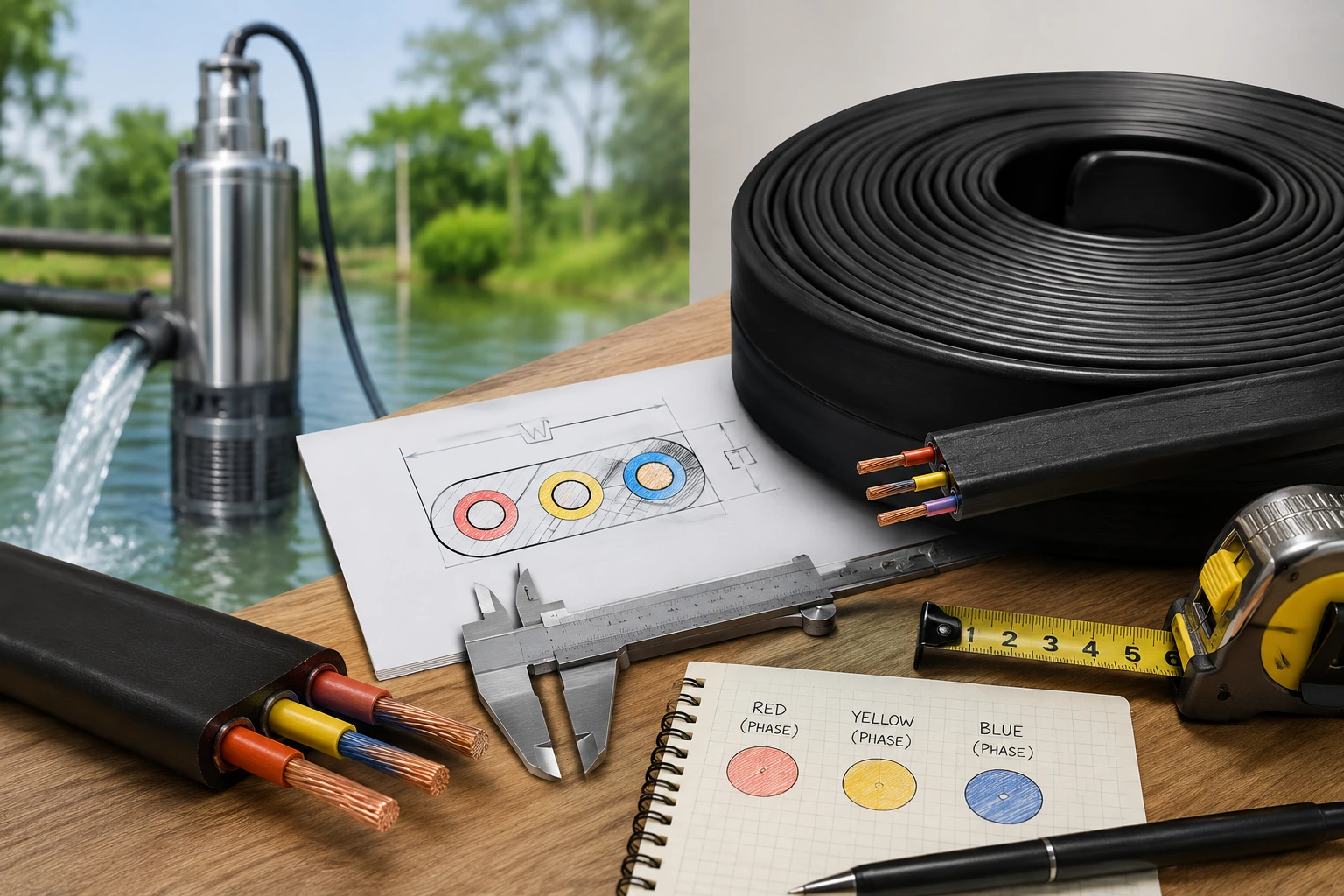 3-core flat cable for submersible pumps showing three insulated copper conductors, cable dimensions, measuring tools and a submersible pump installation.