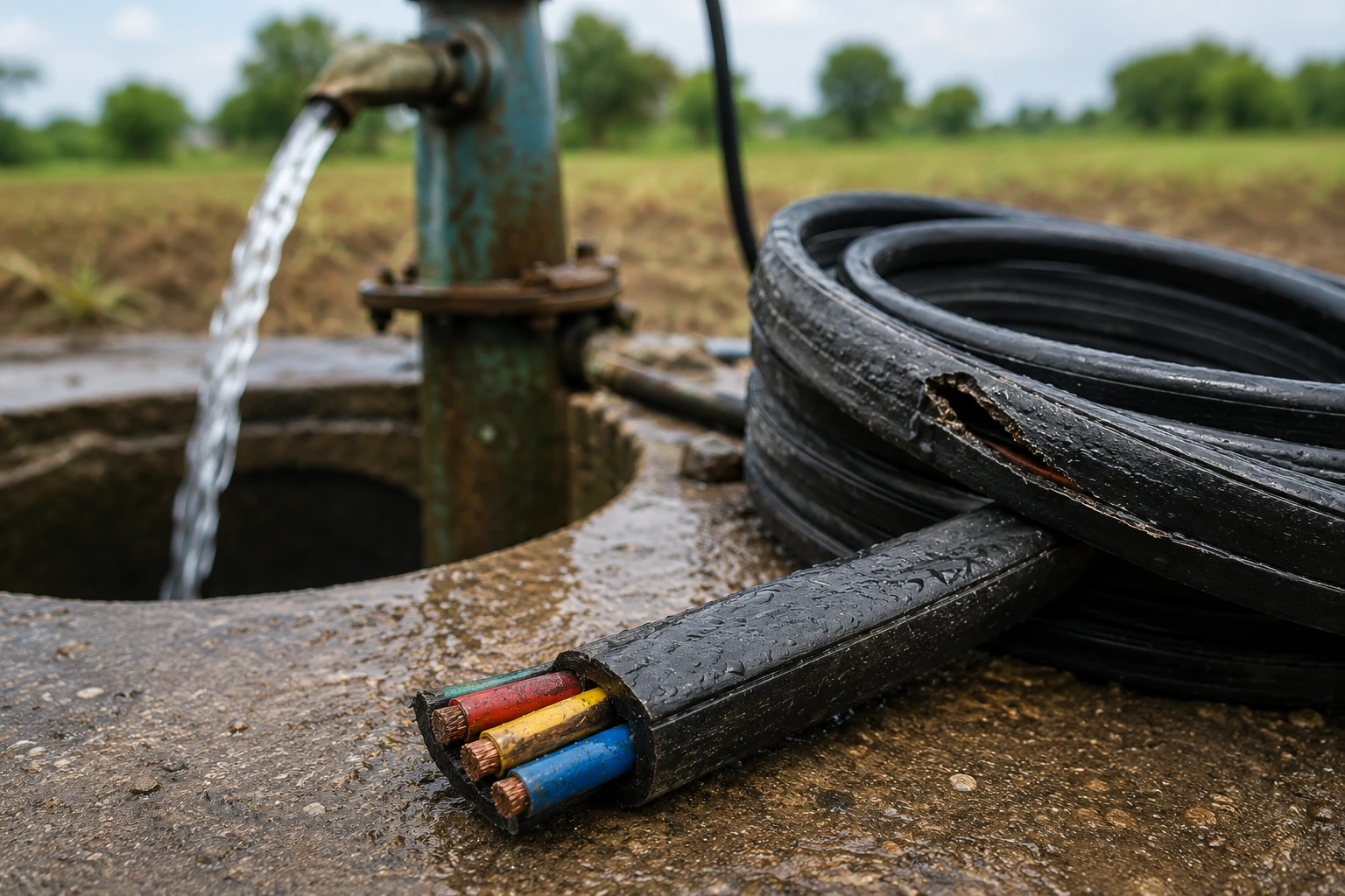 Damaged 3-core flat cable used in a borewell installation, showing exposed copper conductors, worn insulation and moisture-related cable failure near a submersible pump setup.