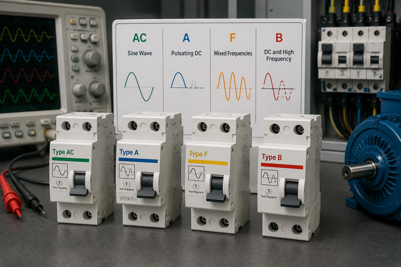 Comparison of residual-current waveforms detected by RCCB Types AC A F and B