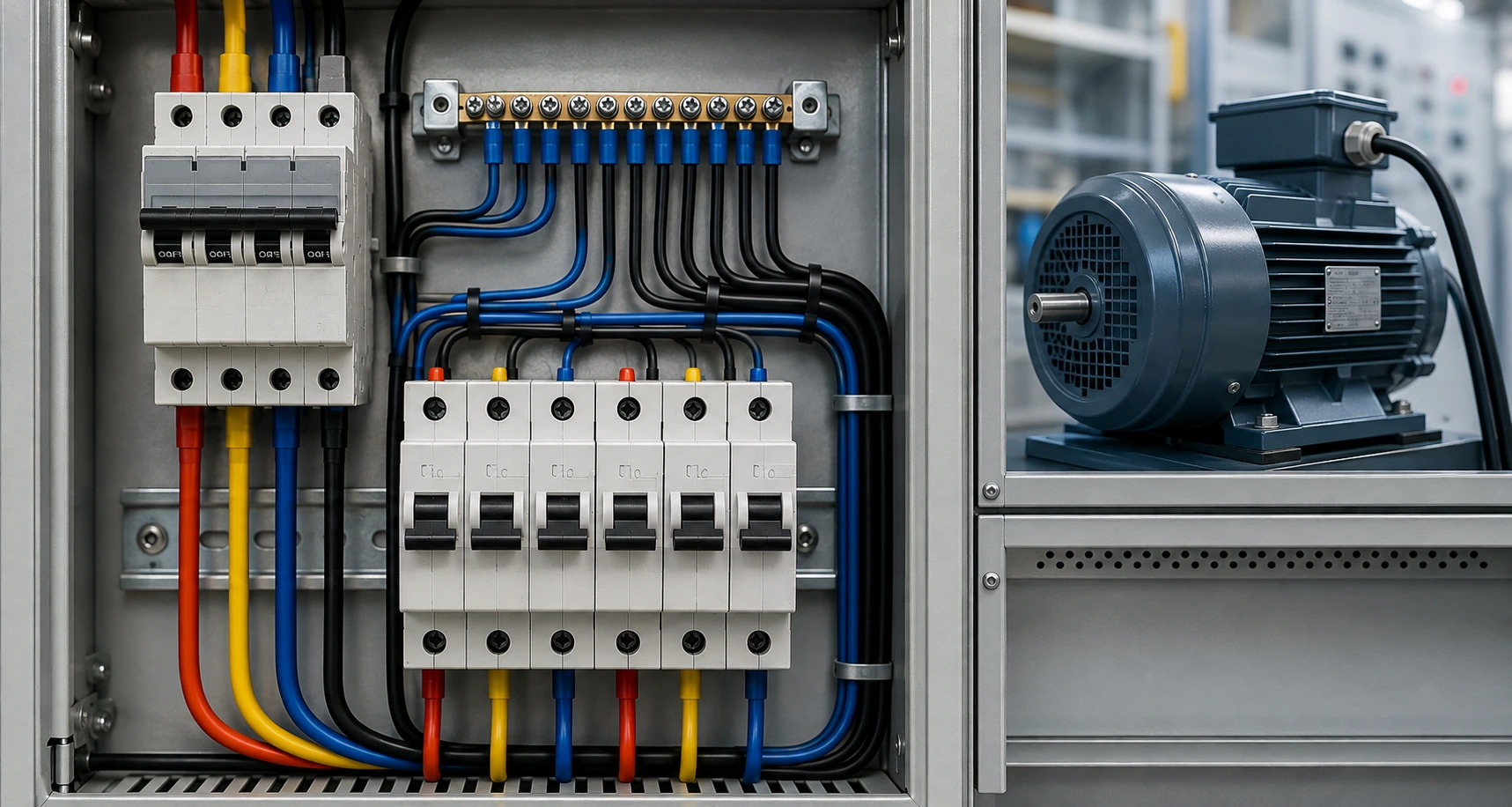 Three-phase MCB distribution board with red, yellow and blue phase wiring arranged to balance single-phase electrical loads across phases.