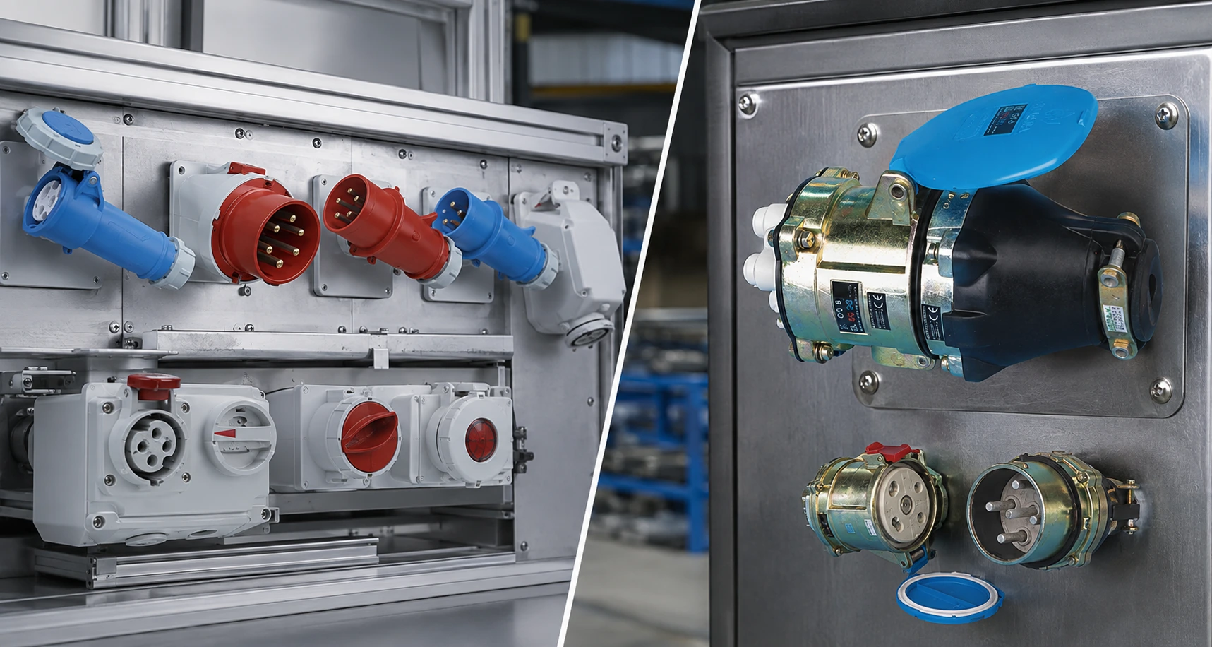 Comparison of interlocked and non-interlocked industrial plugs and sockets installed on electrical panels for industrial power connections.