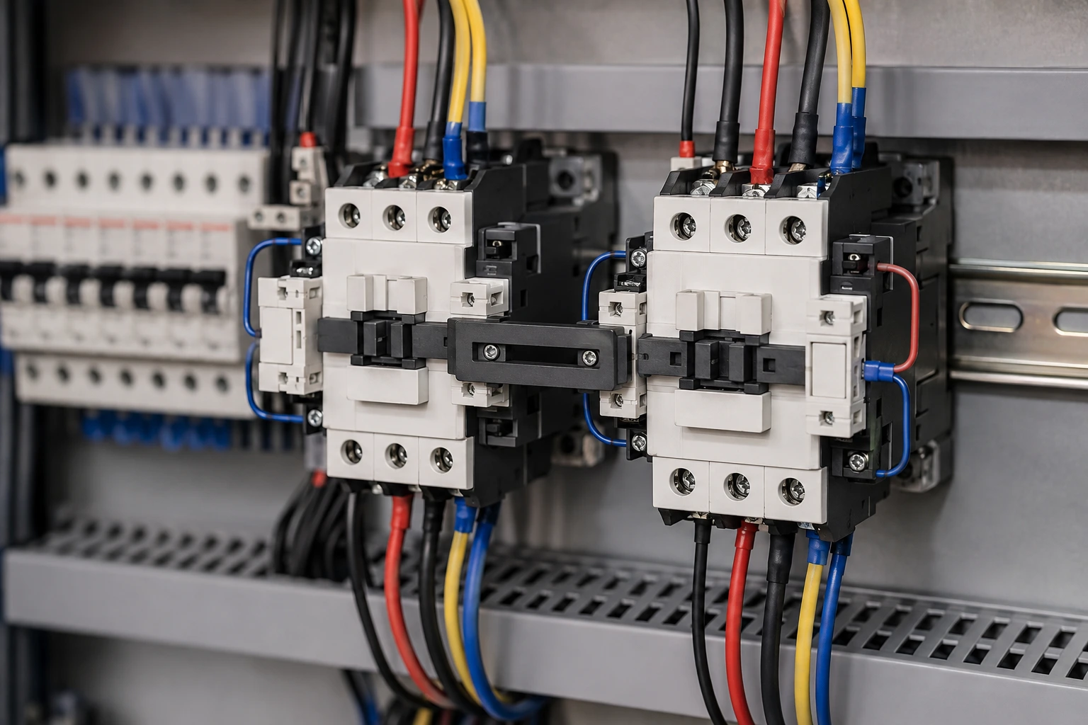 Reversing contactor setup with electrical and mechanical interlocking, showing two contactors wired inside an industrial motor control panel.