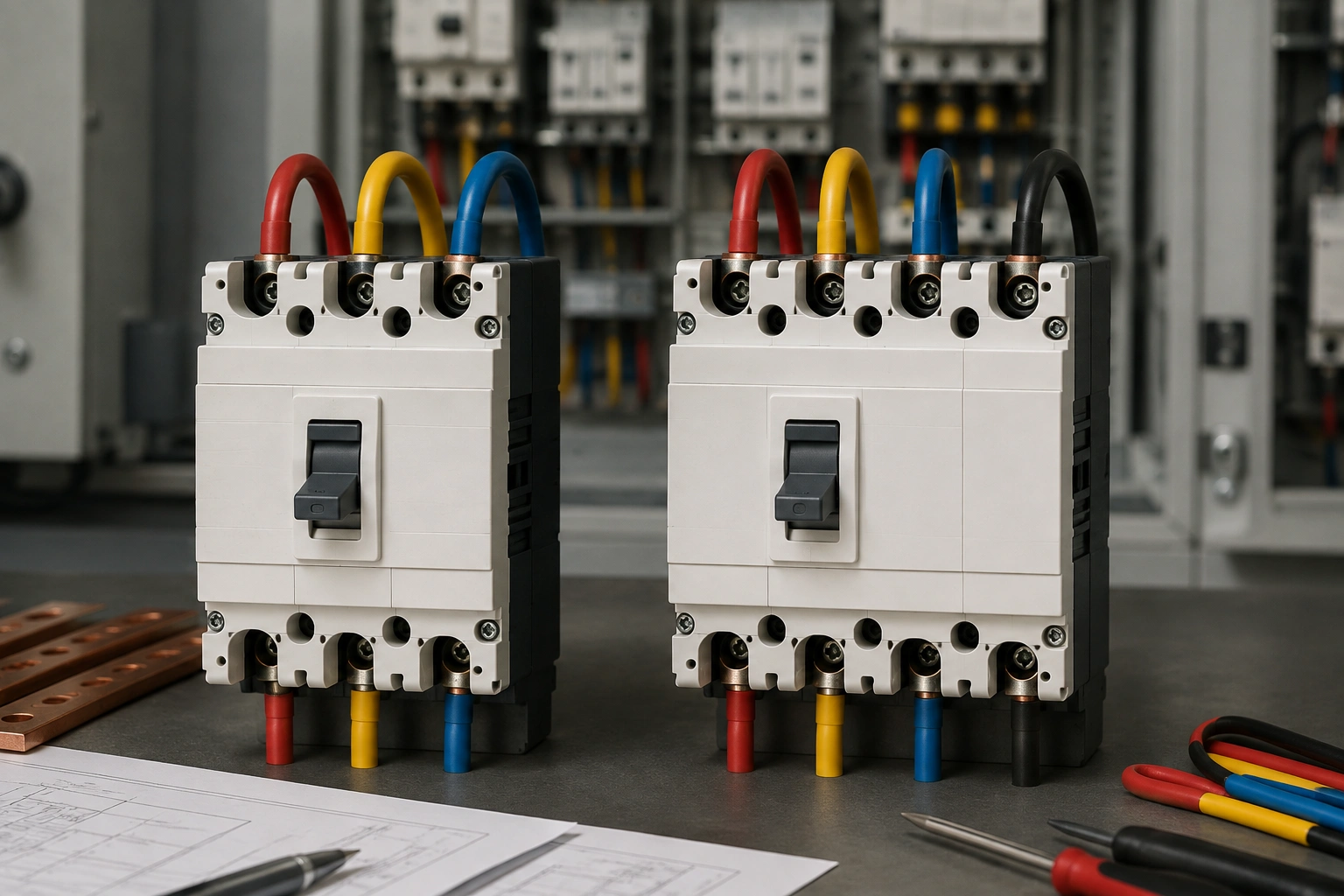 Three-pole and four-pole MCCB conductor switching comparison