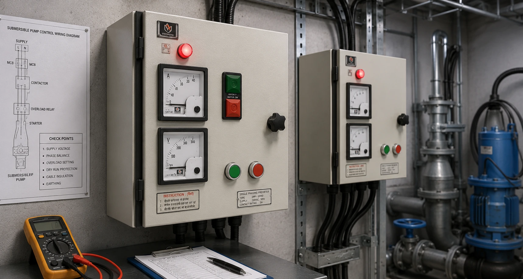 Submersible pump starter control panels with ammeter, voltmeter, push buttons and diagnostic equipment for identifying pump starter tripping causes.