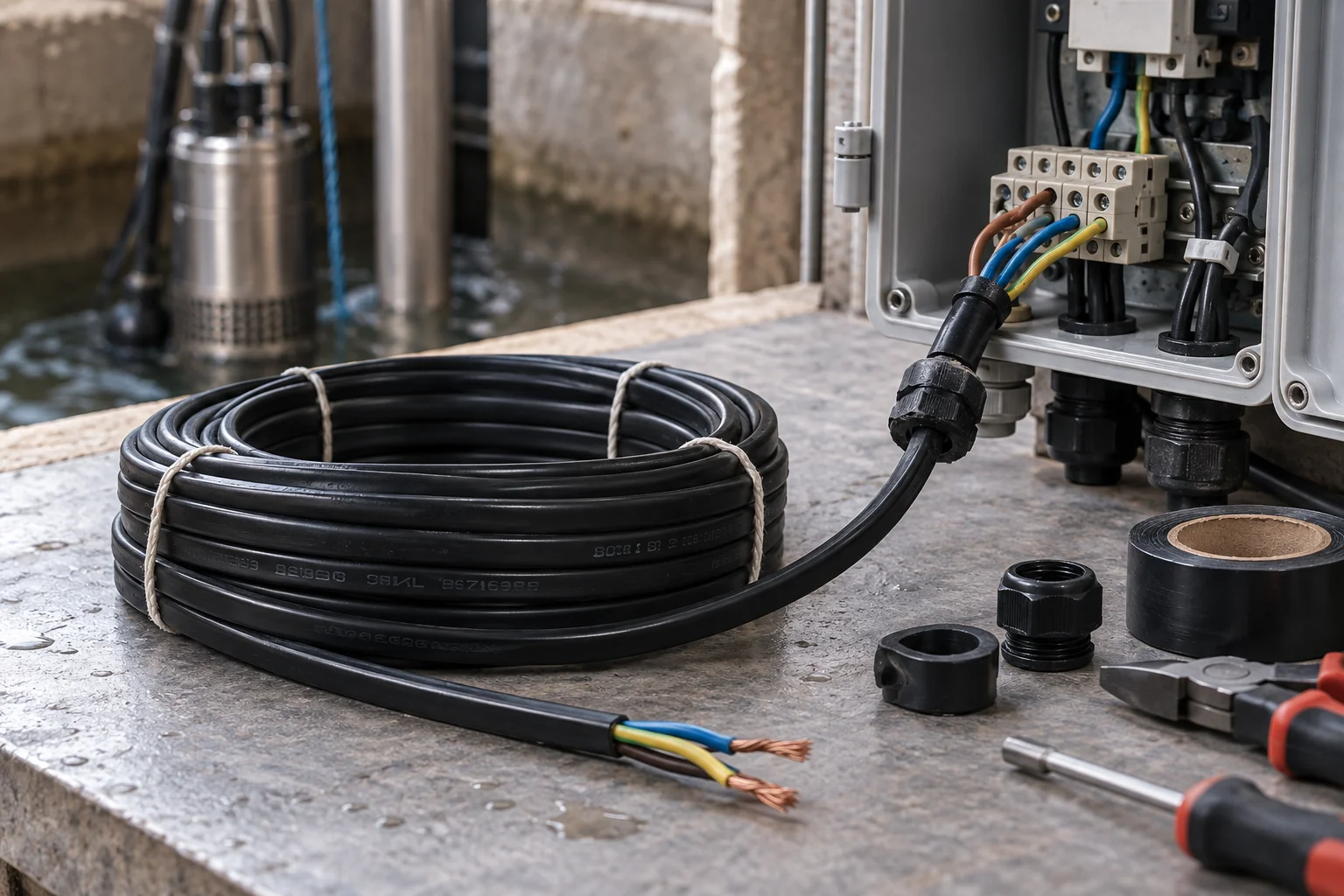 3 core submersible pump cable with exposed conductors connected to an electrical control panel beside a submersible pump installation.