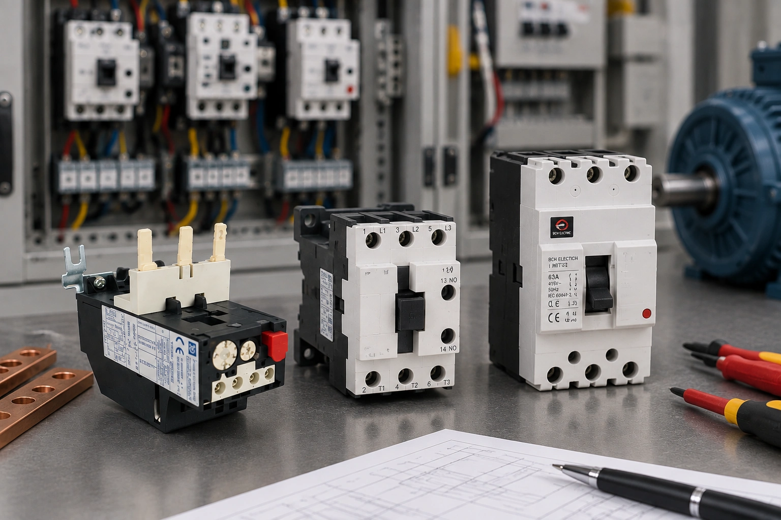 Overload relay, contactor, and SCPD arranged on an industrial electrical workbench with a control panel and motor in the background.