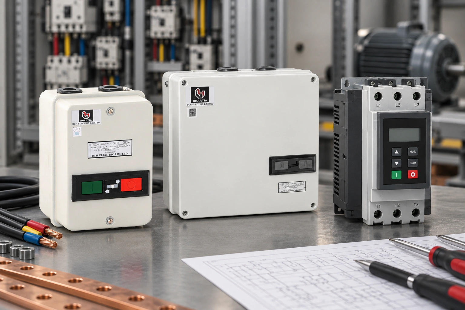 DOL starter, star-delta starter, and soft starter displayed on an industrial workbench with an electric motor and control panel in the background