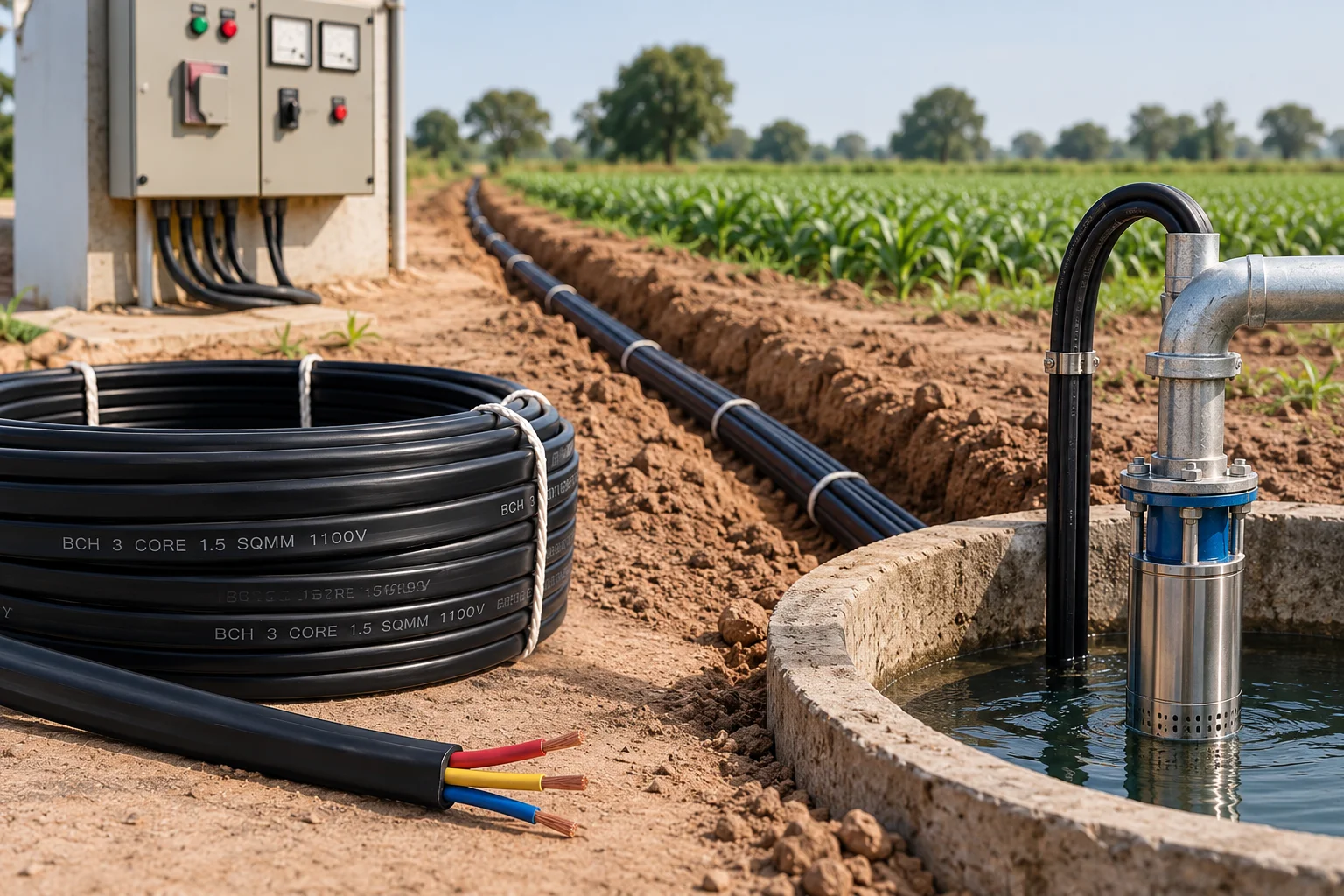 Long 3 core submersible pump cable run between a control panel and water pump installation across an agricultural field.