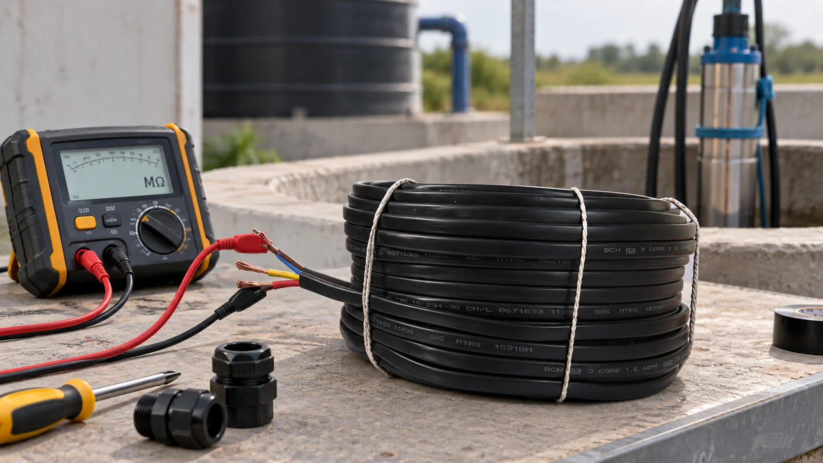 Insulation resistance testing of a 3 core submersible pump cable using a megohmmeter near a pump installation.