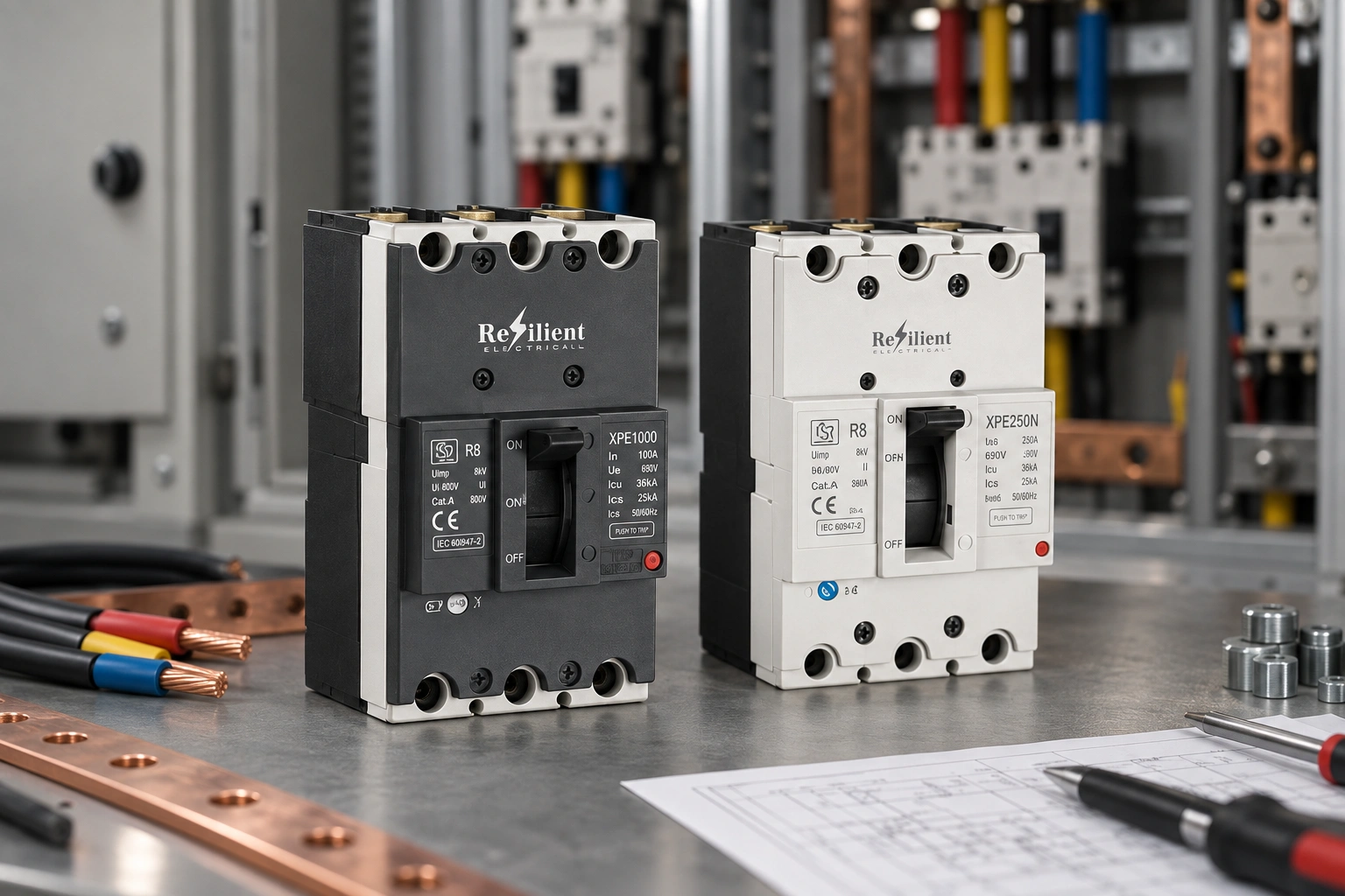 Two Resilient MCCBs placed on an electrical workbench, with wiring, copper busbars, tools, and a blurred control panel background.