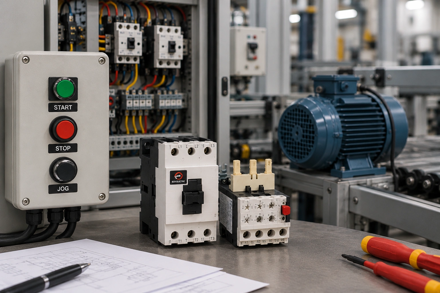 Motor starter setup with START, STOP, and JOG controls, contactor, overload relay, and industrial motor for frequent starting and jogging applications.