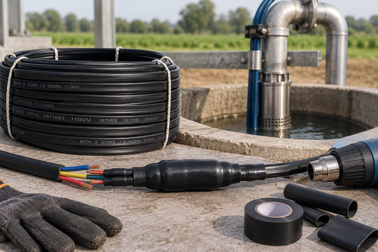 Waterproof jointing of a 3 core submersible pump cable using heat-shrink sleeves and insulation materials near a water pump setup.