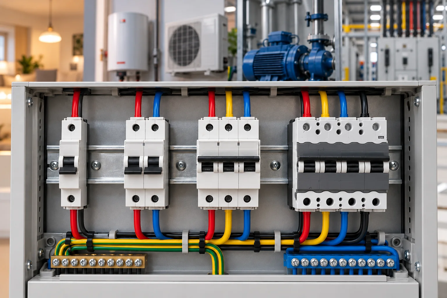 Comparison of 1-pole, 2-pole, 3-pole, and 4-pole MCB circuit breakers installed in an electrical distribution panel for residential, commercial, and industrial applications.