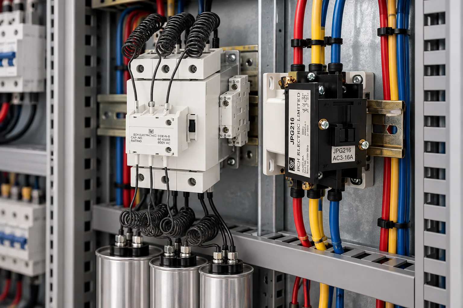 Capacitor switching contactor with damping coils and standard contactor installed side by side in an industrial electrical panel.