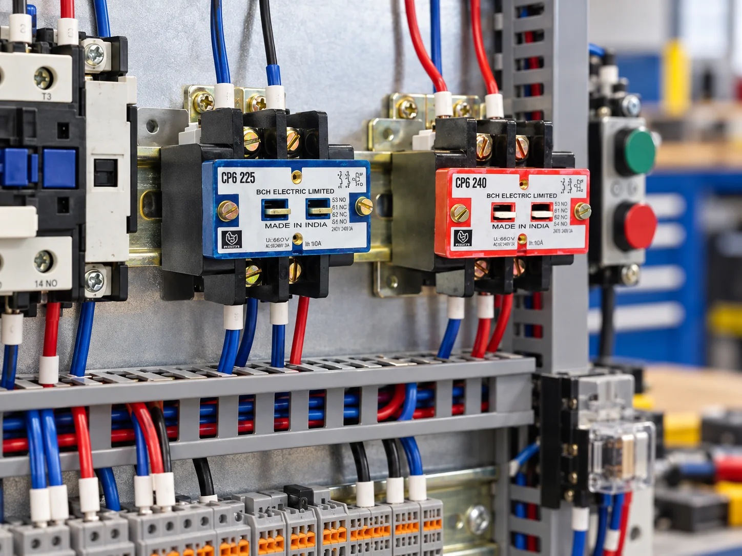 BCH Electric auxiliary contact blocks with blue and red housings installed in a control panel for normally open and normally closed circuits.