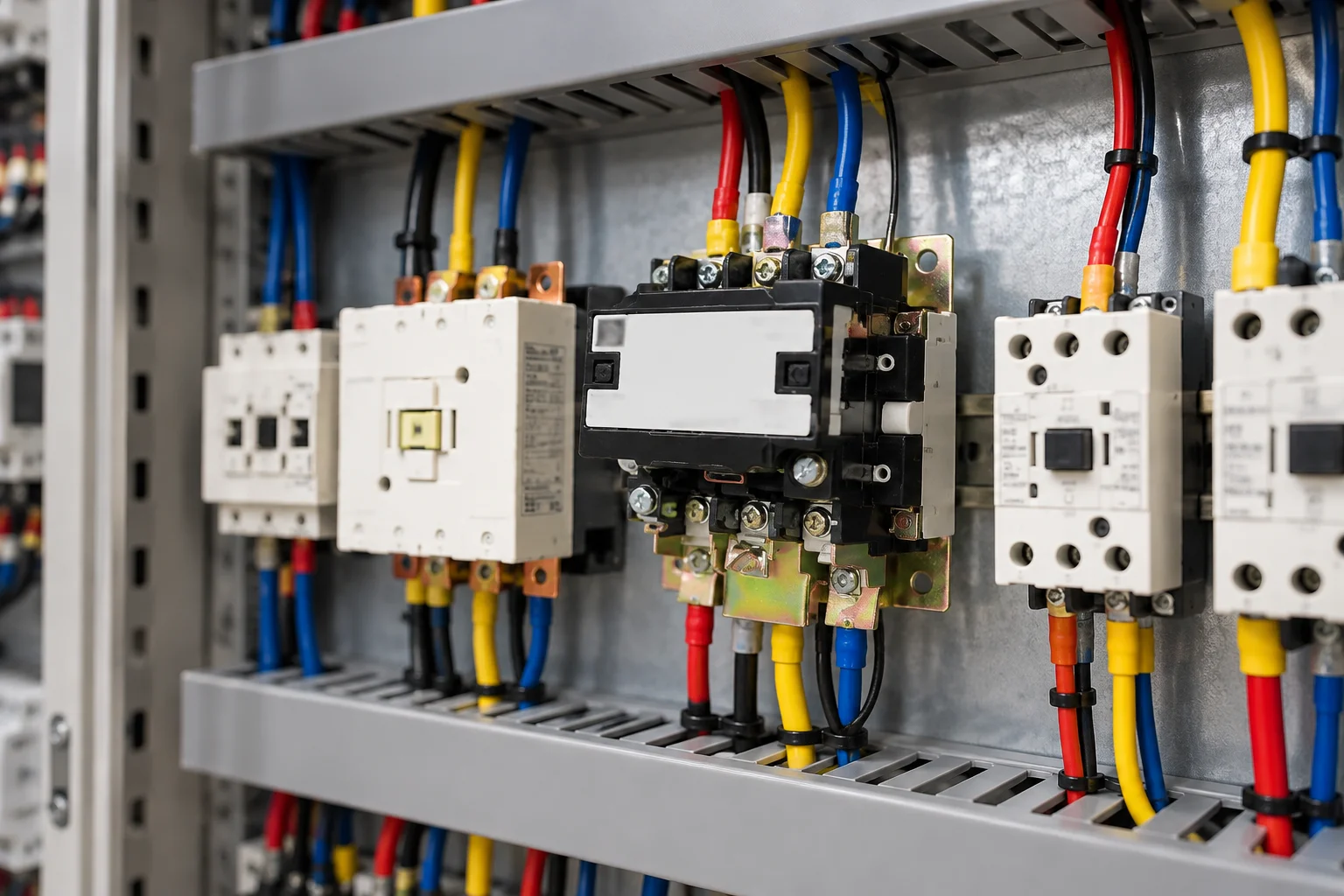 Electrical contactor with connected control wiring and terminals installed inside an industrial panel for AC or DC coil applications.