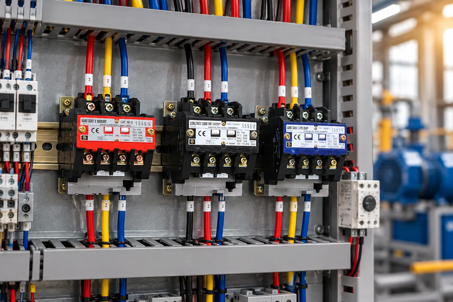 Three electrical contactors mounted inside an industrial control panel with connected wiring for frequent switching operations.