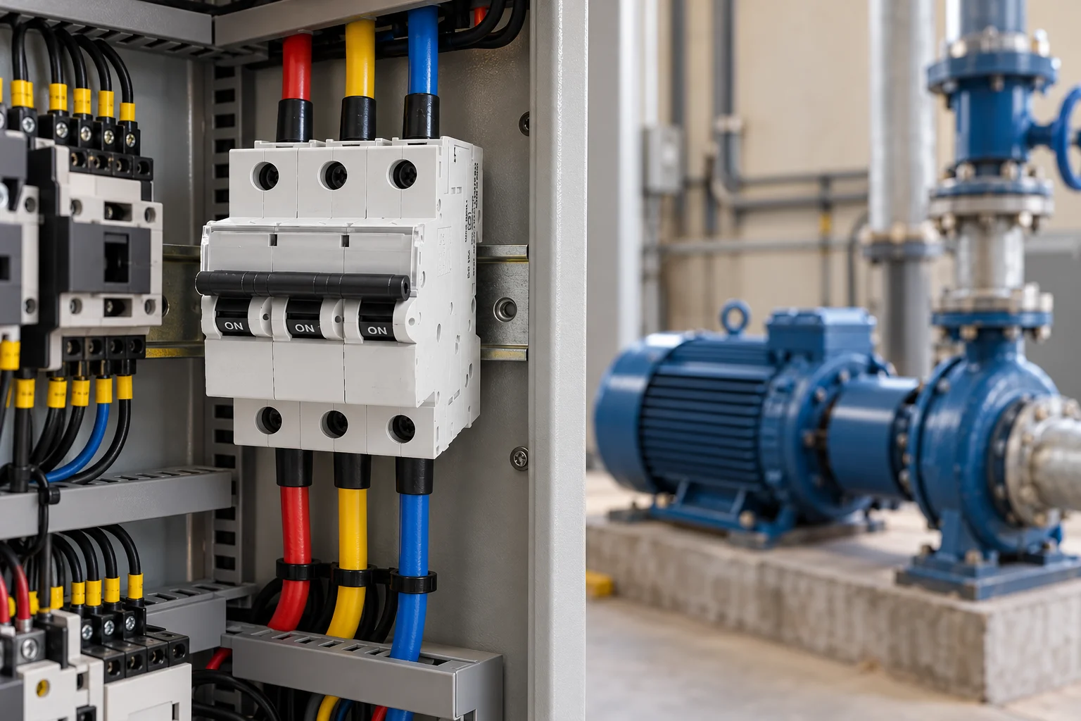 Three-pole MCB installed in an industrial electrical control panel to protect a motor-driven water pump from high starting current and electrical overloads.