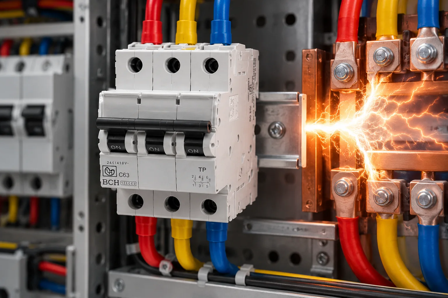 Three-pole BCH MCB installed in an industrial electrical distribution panel, illustrating short-circuit protection and the importance of 6 kA vs 10 kA breaking capacity.