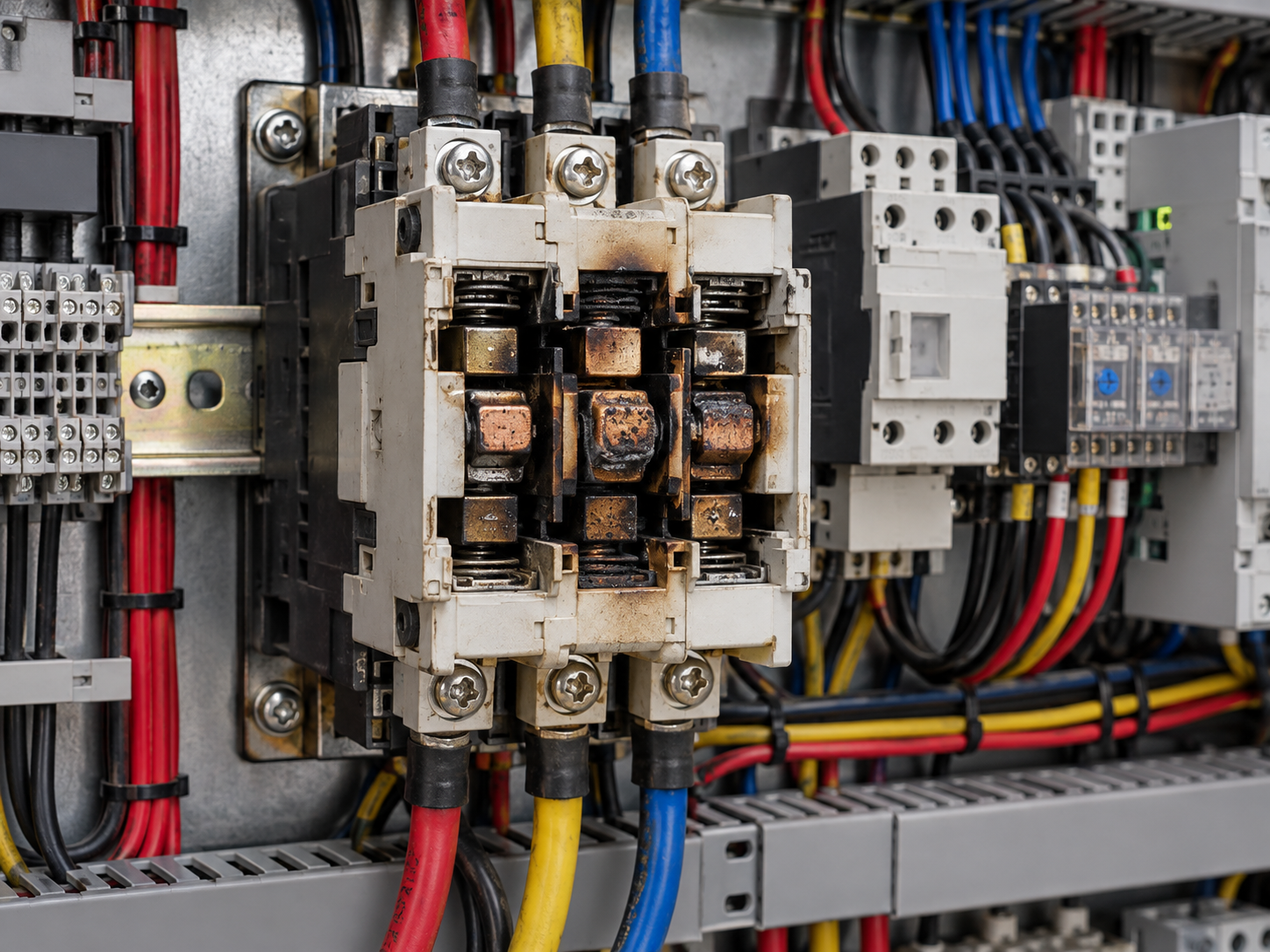 Burnt electrical contactor with damaged and blackened contacts inside an industrial control panel, showing signs of overheating and contact welding.