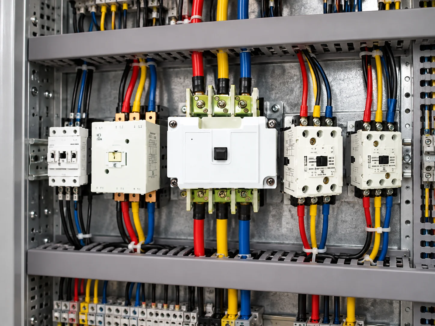 Industrial electrical control panel showing multiple power contactors and connected wiring used for contactor buzzing and chattering troubleshooting.
