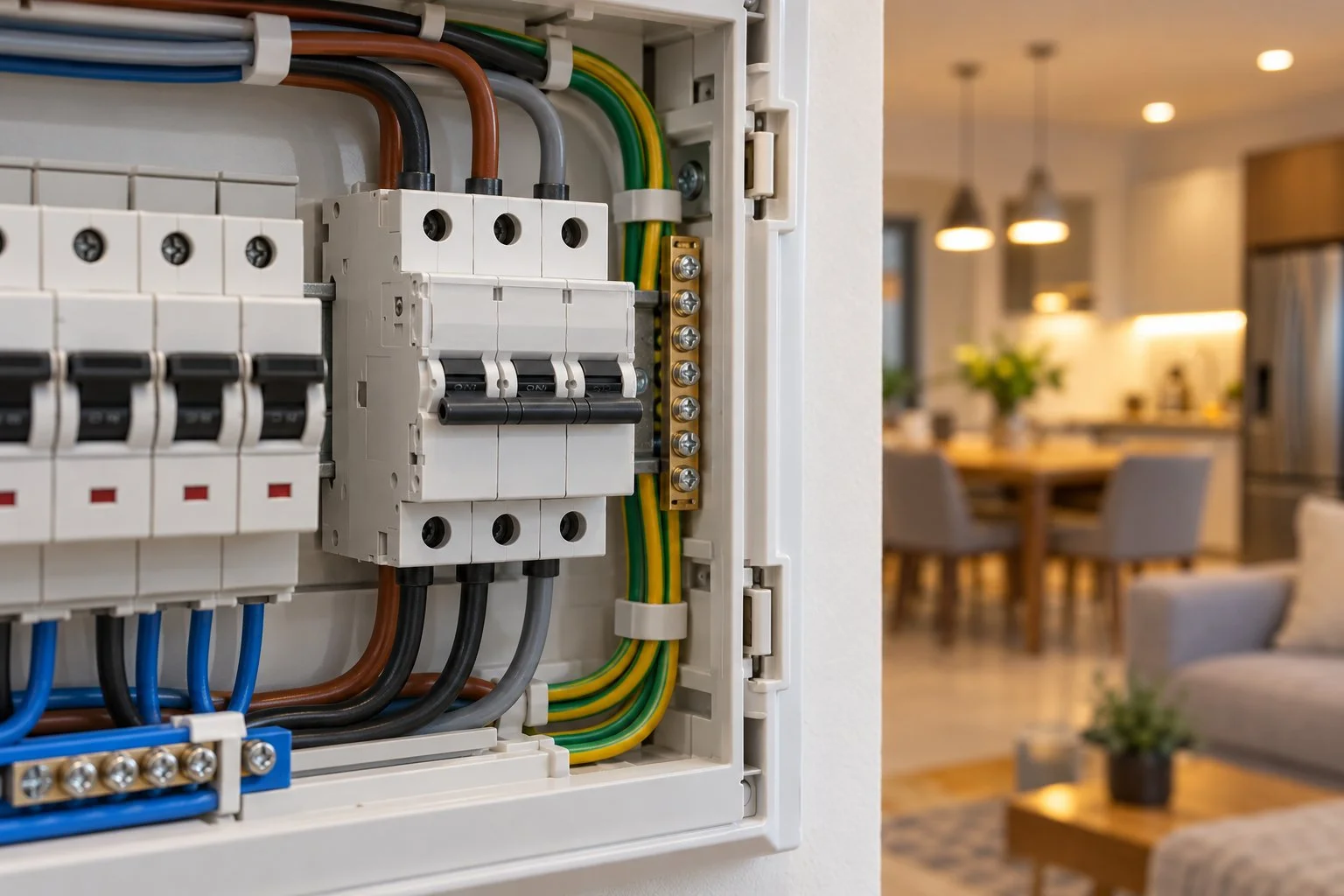 Three-pole MCB installed in a home electrical distribution panel, showing a tripped circuit breaker despite normal electrical load conditions.